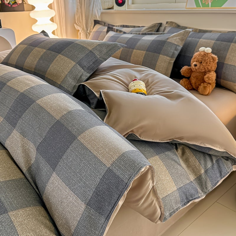 4pcs Simple Plaid Print Duvet Cover Set (4pcs Set): 1 Duvet Cover + 1 Flat Sheet + 2 Pillowcases. The Fabric Is Soft, Comfortable, Finely Textured, and Skin-friendly. Suitable for All Four Seasons. Ideal for Bedrooms, Dormitories - Image 4