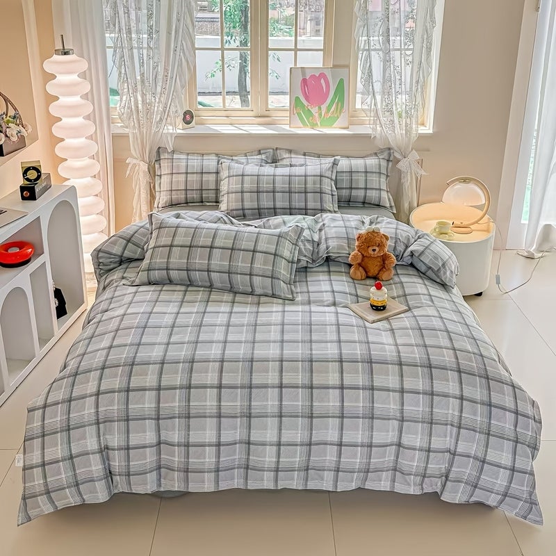 4pcs Simple Plaid Print Duvet Cover Set (4pcs Set): 1 Duvet Cover + 1 Flat Sheet + 2 Pillowcases. The Fabric Is Soft, Comfortable, Finely Textured, and Skin-friendly. Suitable for All Four Seasons. Ideal for Bedrooms, Dormitories - Image 1