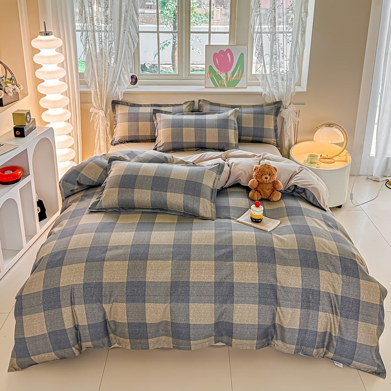4pcs Simple Plaid Print Duvet Cover Set (4pcs Set): 1 Duvet Cover + 1 Flat Sheet + 2 Pillowcases. The Fabric Is Soft, Comfortable, Finely Textured, and Skin-friendly. Suitable for All Four Seasons. Ideal for Bedrooms, Dormitories - Image 2