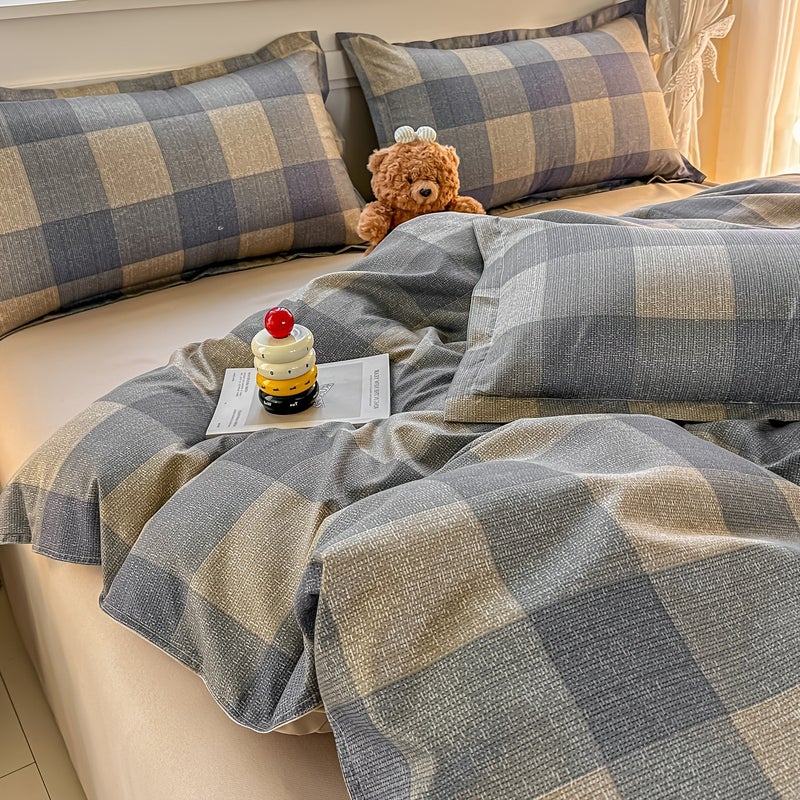 4pcs Simple Plaid Print Duvet Cover Set (4pcs Set): 1 Duvet Cover + 1 Flat Sheet + 2 Pillowcases. The Fabric Is Soft, Comfortable, Finely Textured, and Skin-friendly. Suitable for All Four Seasons. Ideal for Bedrooms, Dormitories - Image 3