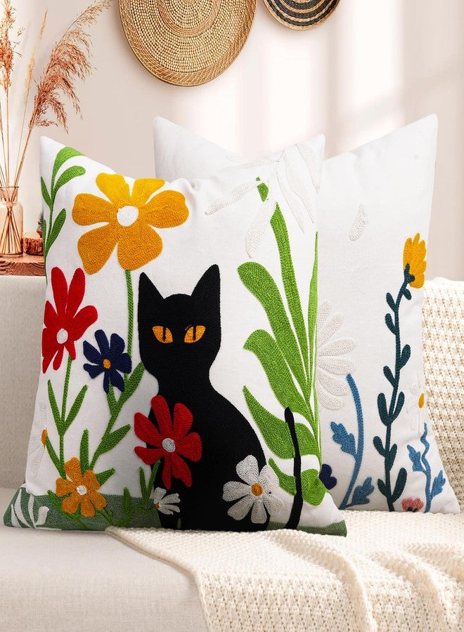 Merrycolor أغطية وسائد مطرزة من ميري كولور 18x18 نمط قطة سوداء وزهور زينة هالوين أغطية وسائد مريحة من قماش القطن المربع لوسائد الأريكة والسرير لتزيين غرفة المعيشة - Image 5