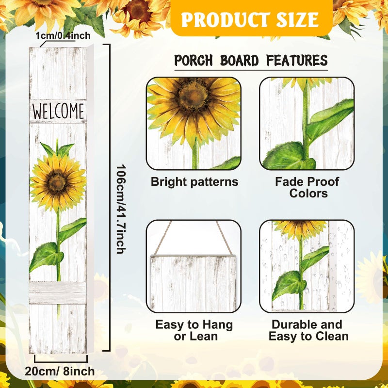 Chitidr Summer Porch Sign Sunflower Wooden Welcome Sign for Front Porch Standing Vertical Porch Sign Rustic Spring Front Porch Decor with White Background for Farmhouse Door Porch Decoration  42 H - Image 3