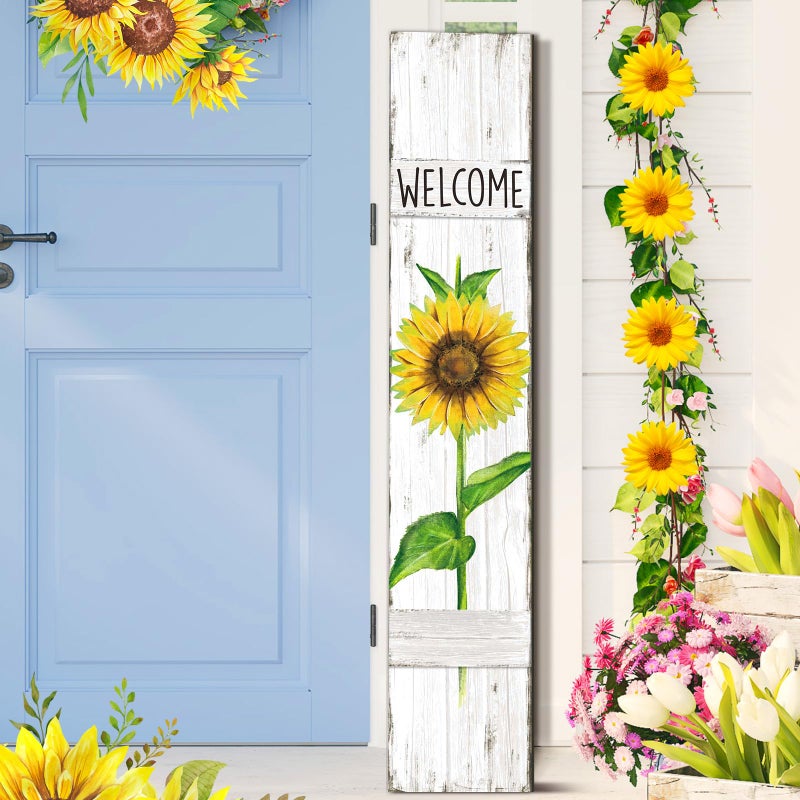 Chitidr Summer Porch Sign Sunflower Wooden Welcome Sign for Front Porch Standing Vertical Porch Sign Rustic Spring Front Porch Decor with White Background for Farmhouse Door Porch Decoration  42 H - Image 1