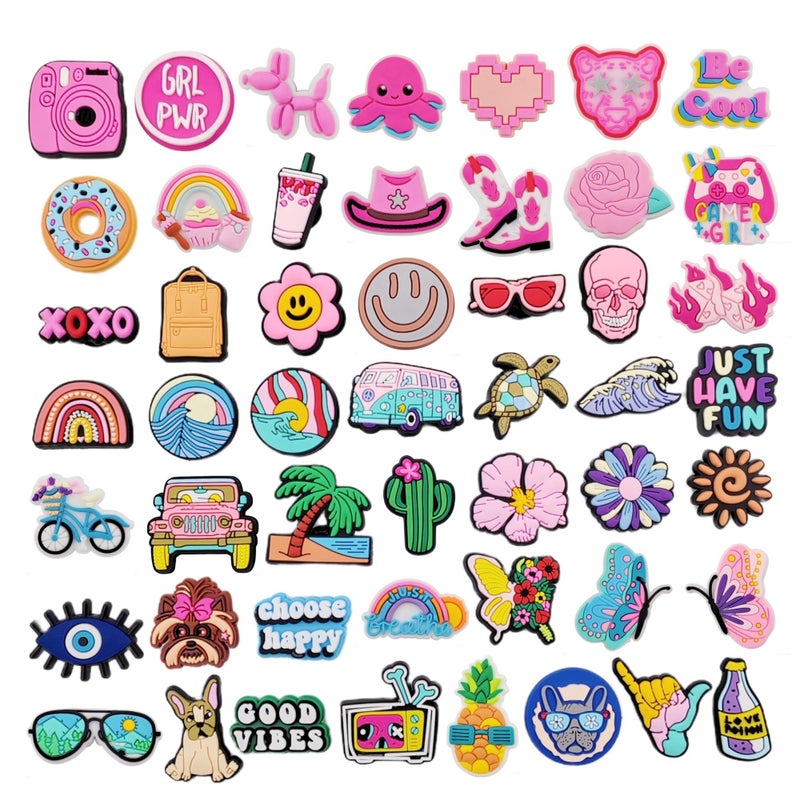 JXMADUK 50 Pack Flower Shoe Decorations Charms for Clog Accessories Pins for Girls Women Cute Preppy Pink Butterfly Cowgirl VSCO Shoe Charms Party Favors - Image 1