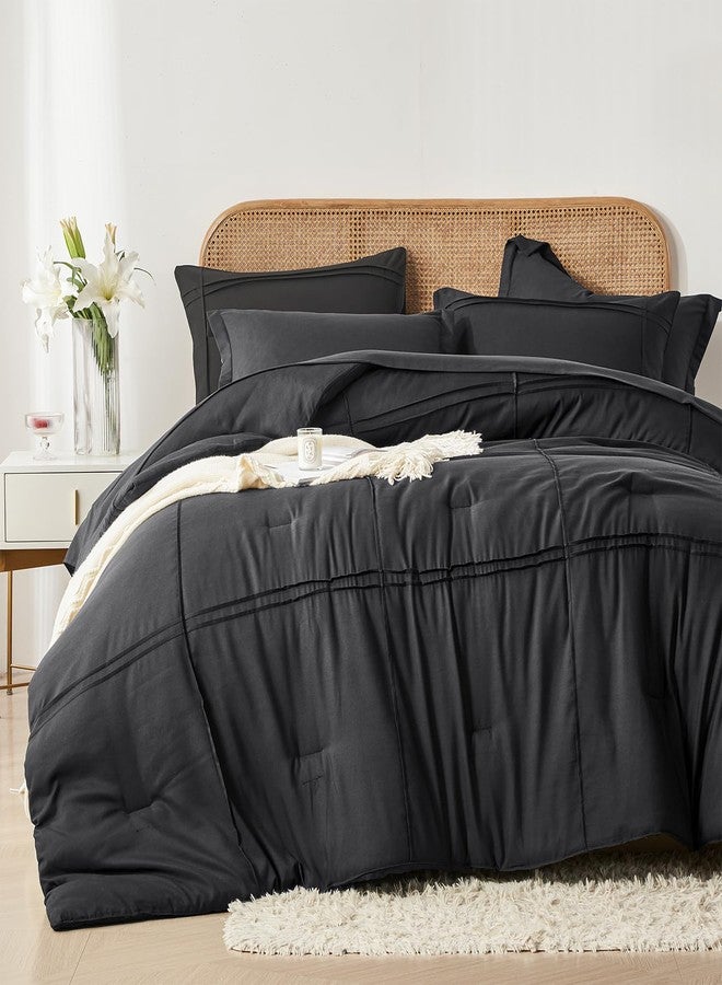 Yogeneg Full Size Comforter Set 7 Piece Bed in a Bag,Grid Pinch Pleat Black Bedding Set,Striped Textured Soft Microfiber Comforter with Sheet Set,All Season Complete Bed Set(Black,Full) - Image 2
