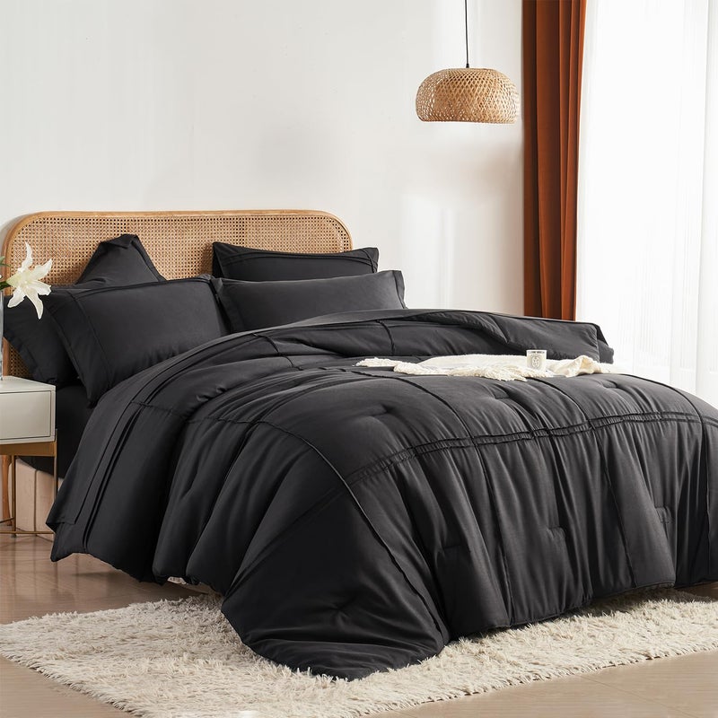 Yogeneg Full Size Comforter Set 7 Piece Bed in a Bag,Grid Pinch Pleat Black Bedding Set,Striped Textured Soft Microfiber Comforter with Sheet Set,All Season Complete Bed Set(Black,Full) - Image 1