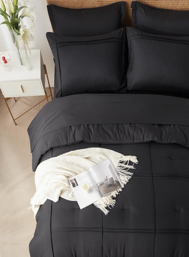 Yogeneg Full Size Comforter Set 7 Piece Bed in a Bag,Grid Pinch Pleat Black Bedding Set,Striped Textured Soft Microfiber Comforter with Sheet Set,All Season Complete Bed Set(Black,Full) - Image 3