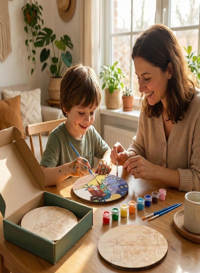 HOBBY INDIA Wooden Painting Kit Set for Kids & Adults | DIY Wall Decor Art & Craft | Round Tree Circle Coaster | Home & Office Hanging Decoration | Birthday Gift for Girls & Boys (Beach City) - Image 4