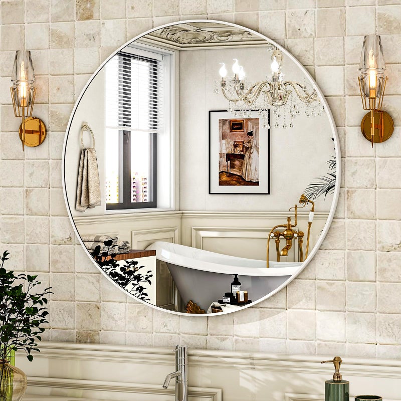 HARRITPURE Round Mirror 30" White Wall Mounted Circle Mirrors Vanity Mirror with Brushed Aluminum Alloy Frame Modern Decoration for Bathroom, Living Room, Vanity, Bedroom, Entryway - Image 2