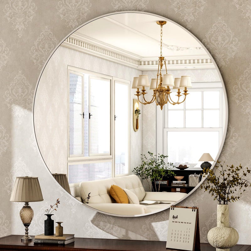 HARRITPURE Round Mirror 30" White Wall Mounted Circle Mirrors Vanity Mirror with Brushed Aluminum Alloy Frame Modern Decoration for Bathroom, Living Room, Vanity, Bedroom, Entryway - Image 1