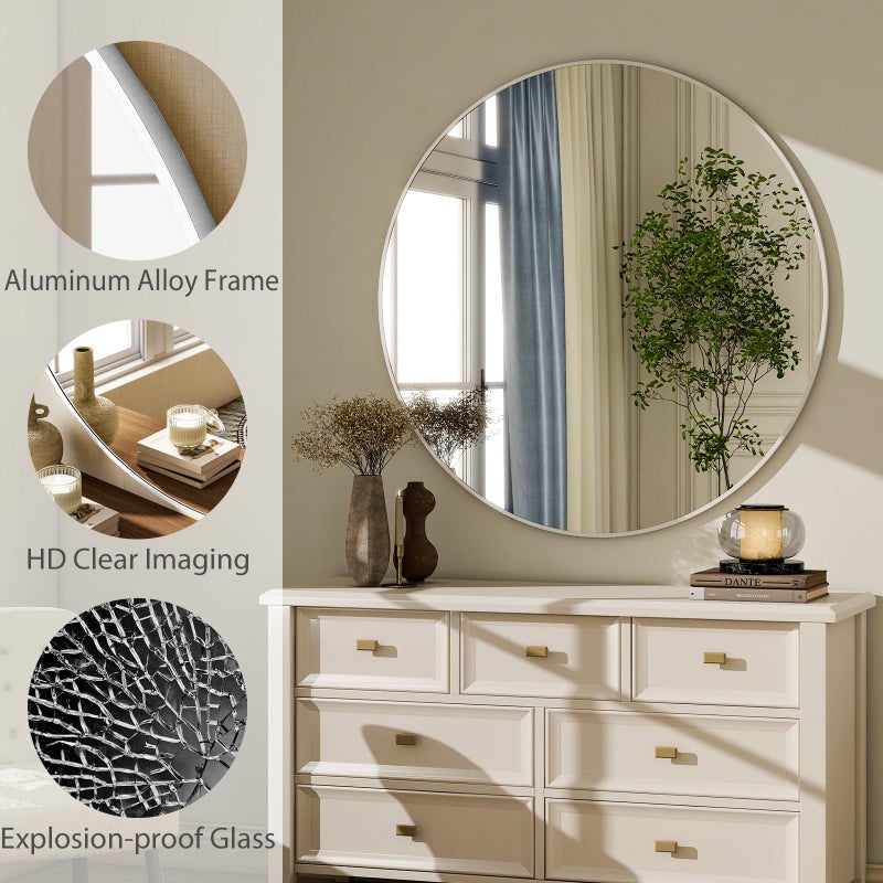 HARRITPURE Round Mirror 30" White Wall Mounted Circle Mirrors Vanity Mirror with Brushed Aluminum Alloy Frame Modern Decoration for Bathroom, Living Room, Vanity, Bedroom, Entryway - Image 5