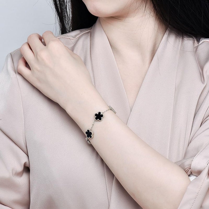 FLY FEI 18K Gold-Plated Four Leaf Clover Bracelet for Women,Adjustable lucky Bracelet Jewelry Gift-Hypoallergenic Charm for Birthdays, Wellness & Daily Wear(style02-Black(silvery)) - Image 2