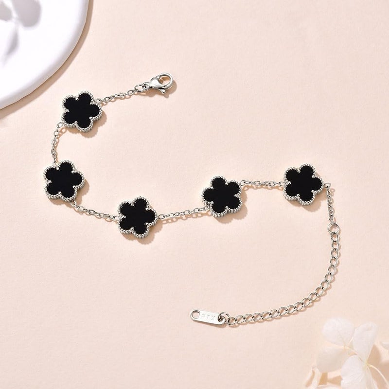 FLY FEI 18K Gold-Plated Four Leaf Clover Bracelet for Women,Adjustable lucky Bracelet Jewelry Gift-Hypoallergenic Charm for Birthdays, Wellness & Daily Wear(style02-Black(silvery)) - Image 5