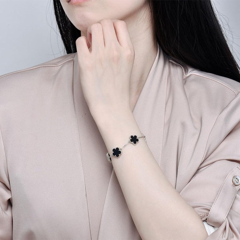 FLY FEI 18K Gold-Plated Four Leaf Clover Bracelet for Women,Adjustable lucky Bracelet Jewelry Gift-Hypoallergenic Charm for Birthdays, Wellness & Daily Wear(style02-Black(silvery)) - Image 3