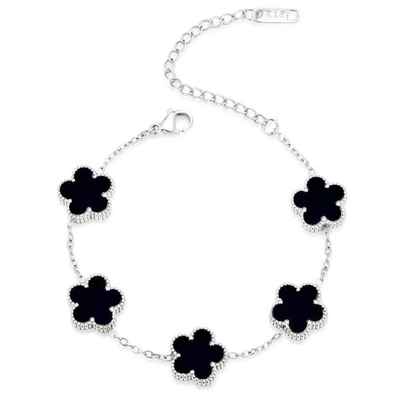 FLY FEI 18K Gold-Plated Four Leaf Clover Bracelet for Women,Adjustable lucky Bracelet Jewelry Gift-Hypoallergenic Charm for Birthdays, Wellness & Daily Wear(style02-Black(silvery)) - Image 1