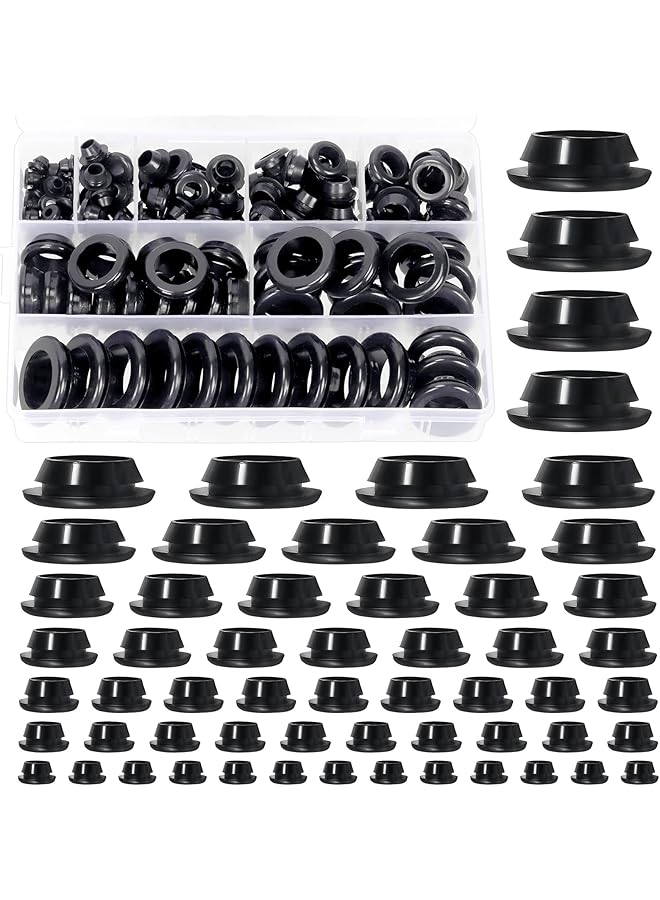 promass 140Pcs Black Rubber Grommet Assortment Kit, 8 Sizes Eyelet Ring Gasket, Single Sided Round Firewall Hole Plugs Approx 2/13" 1/5" 5/16" 3/8" 1/2" 3/4" 13/16" 1" Drill Hole for Wiring, Boat - Image 1