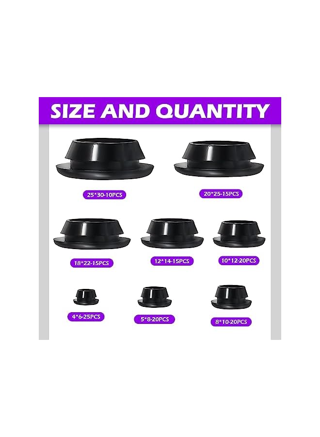 promass 140Pcs Black Rubber Grommet Assortment Kit, 8 Sizes Eyelet Ring Gasket, Single Sided Round Firewall Hole Plugs Approx 2/13" 1/5" 5/16" 3/8" 1/2" 3/4" 13/16" 1" Drill Hole for Wiring, Boat - Image 2