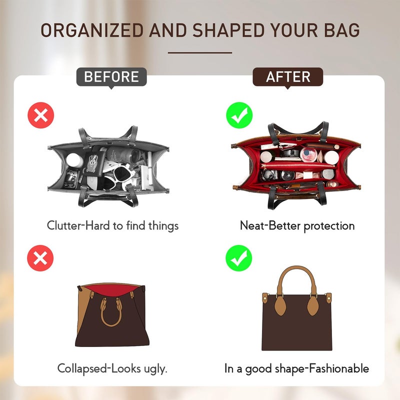 Doxo Purse Organizer Insert, Felt Tote Organizer with Zipper, Bag Insert Organizer Perfect for Lv Onthego MM 35 & D Medium Book Tote Bag (Red-With Cover) - Image 3