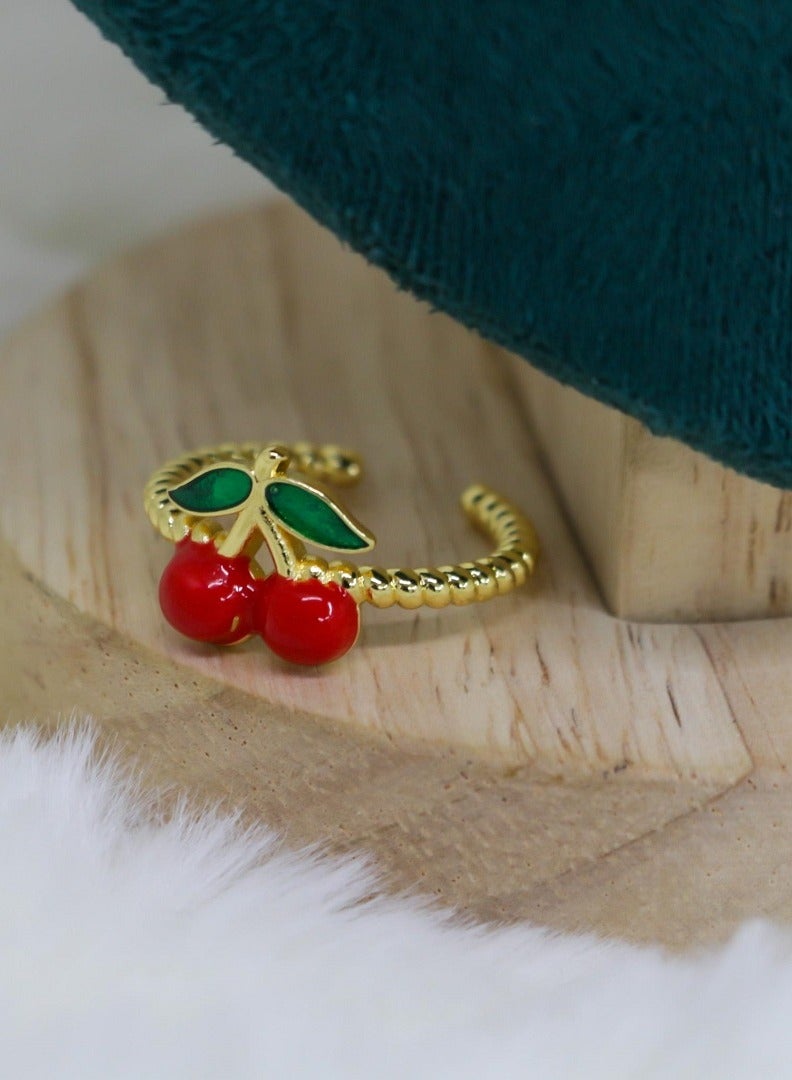 MANIKAN Delicate Cherry Ring, Gold-Plated Band with Red Enamel Cherries and Green Leaves - Image 2