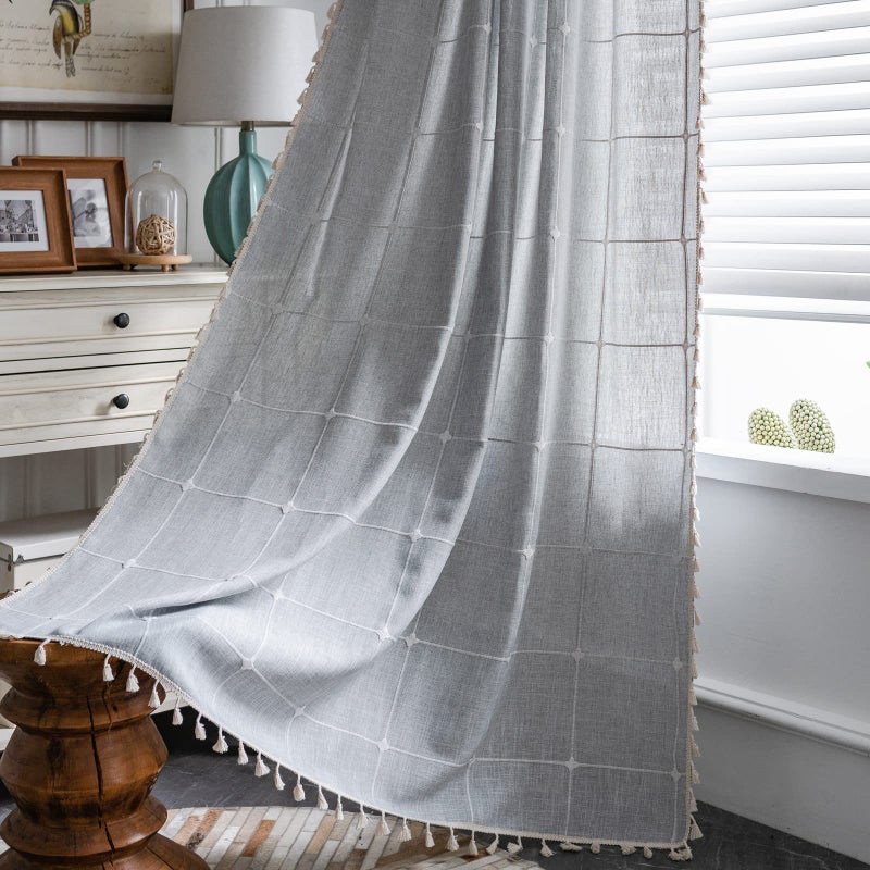 ColorBird Farmhouse SemiBlackout Window Curtains 2 Panels Embroidery Lattice Cotton Linen Darkening Curtains with Tassel Rod Pocket Window Drapes for Dining Living Bedroom 52 W x 84 L Grey