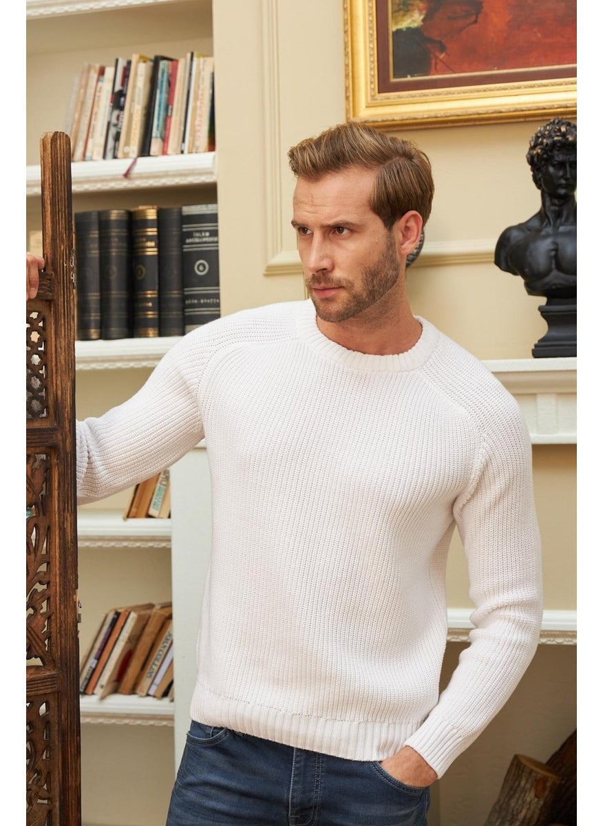 Odelon - Crew Neck Selanik Knitted Cotton Men's White Knitwear Sweater - Image 1
