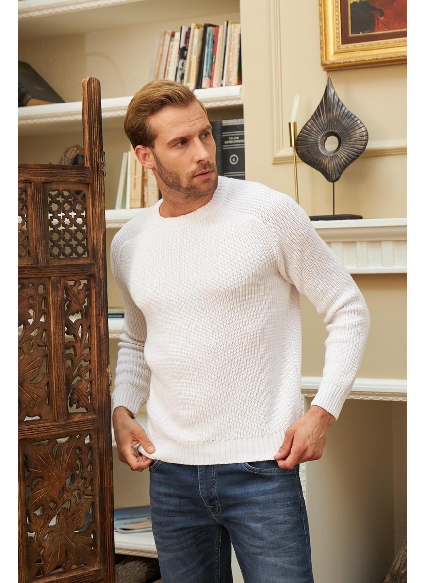 Odelon - Crew Neck Selanik Knitted Cotton Men's White Knitwear Sweater - Image 1
