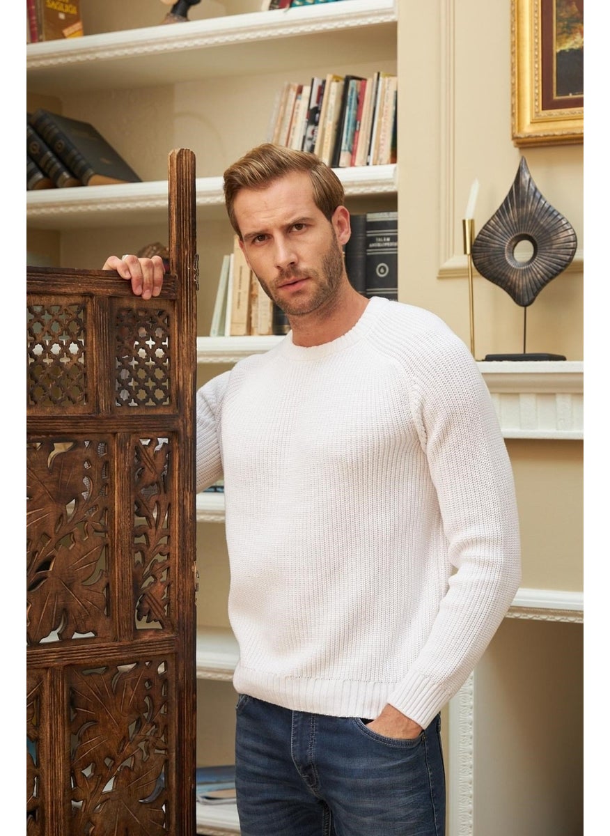Odelon - Crew Neck Selanik Knitted Cotton Men's White Knitwear Sweater - Image 1