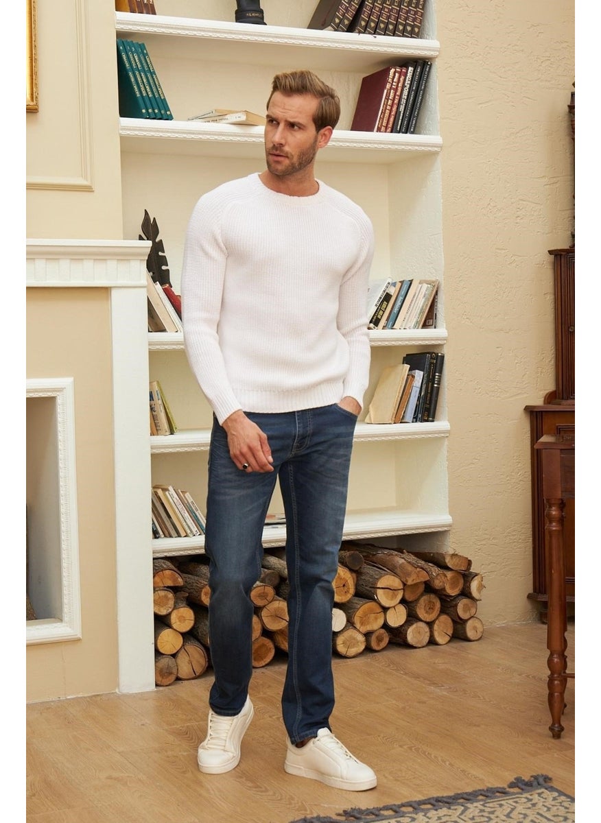 Odelon - Crew Neck Selanik Knitted Cotton Men's White Knitwear Sweater - Image 1