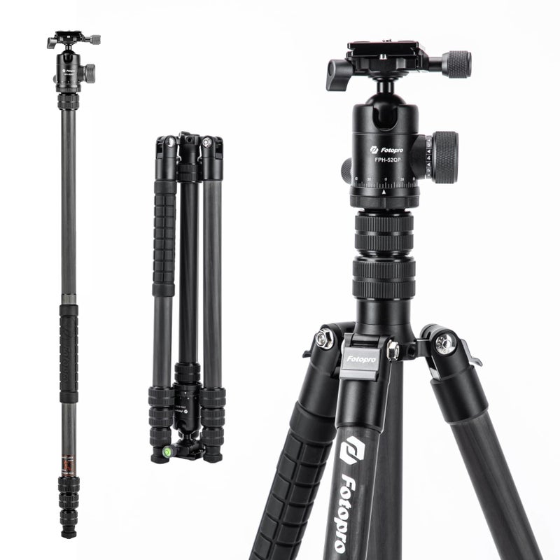 Fotopro 73 Carbon Fiber Tripod for Camera Compact Travel Tripod with Ball Head Detachable Monopod with Quick Release Plate and Camera Bag Load up to 22lbs10KG XGo Plus E2 Black - Image 2