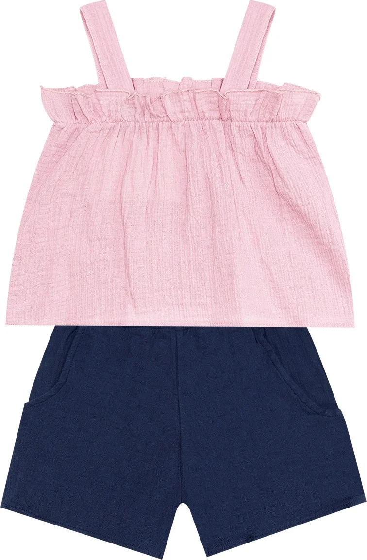 Denokids Baby Girl Pink Muslin Blouse Shorts Set