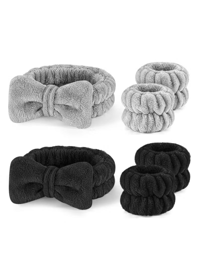 سيستار مجموعة من 6 قطع من عصابة رأس المكياج وسوار المعصم، عصابة رأس للعناية بالبشرة وغسول الوجه، سوار منشفة للنساء (أسود + رمادي) - Image 1