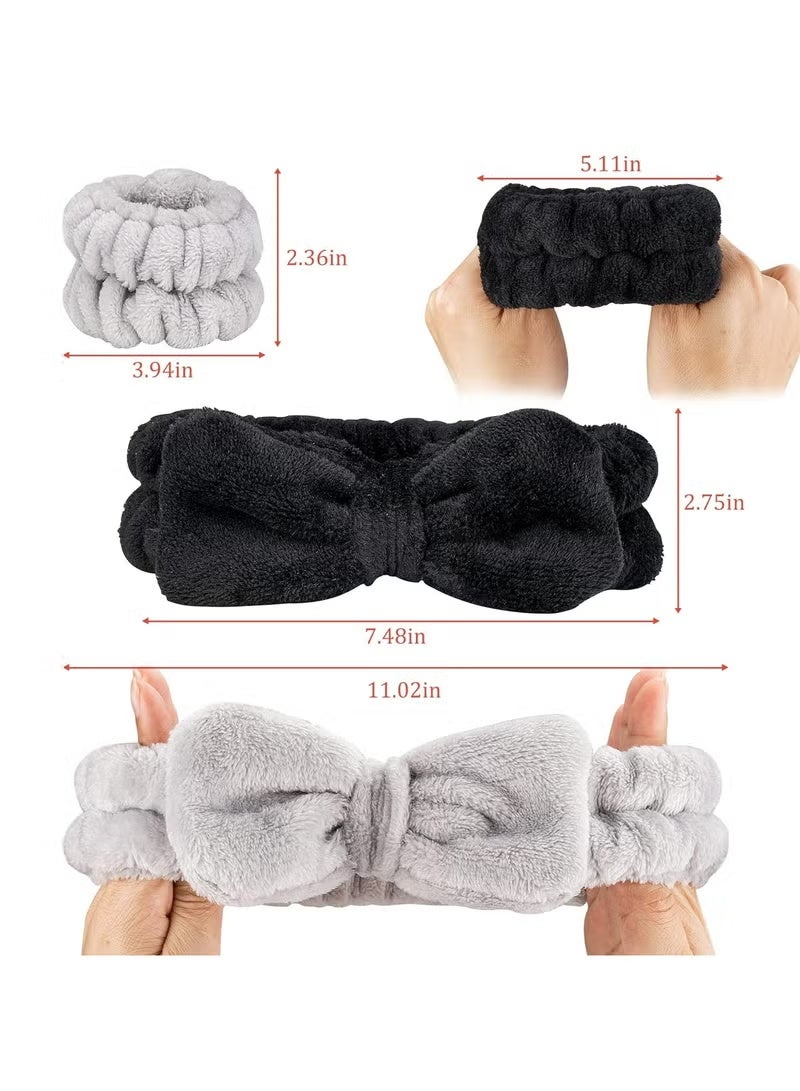 سيستار مجموعة من 6 قطع من عصابة رأس المكياج وسوار المعصم، عصابة رأس للعناية بالبشرة وغسول الوجه، سوار منشفة للنساء (أسود + رمادي) - Image 3