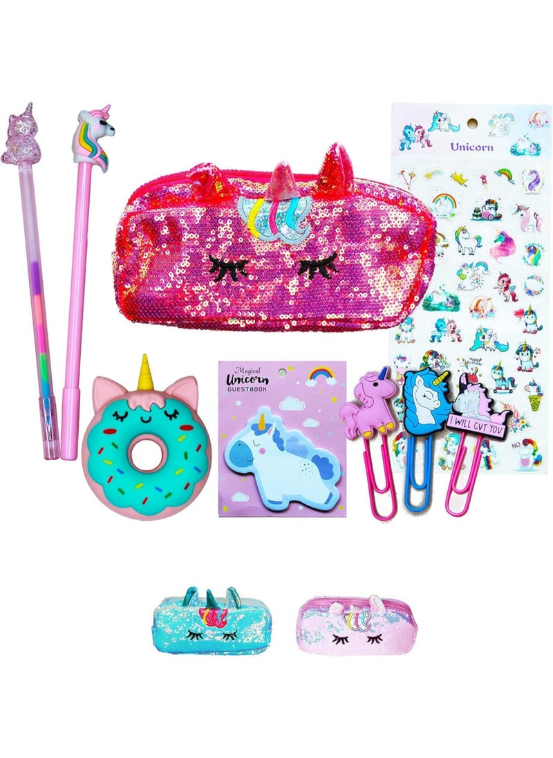 PEAKY KIDS Peaky Kids Unicorn Pencil Case for Girls, Multi Slot Large Capacity Fluffy Pencil Case for Kids with Gel Pens, Eraser, Stickers & Tattoos, Cute Pencil Pouch for Girls & Kids Gift Set - Glamorous Red  - Image 1