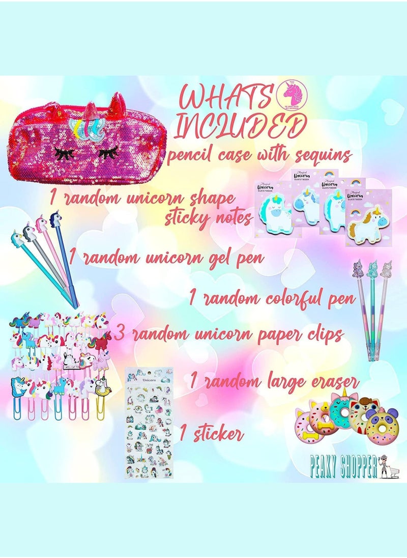 PEAKY KIDS Peaky Kids Unicorn Pencil Case for Girls, Multi Slot Large Capacity Fluffy Pencil Case for Kids with Gel Pens, Eraser, Stickers & Tattoos, Cute Pencil Pouch for Girls & Kids Gift Set - Glamorous Red  - Image 2