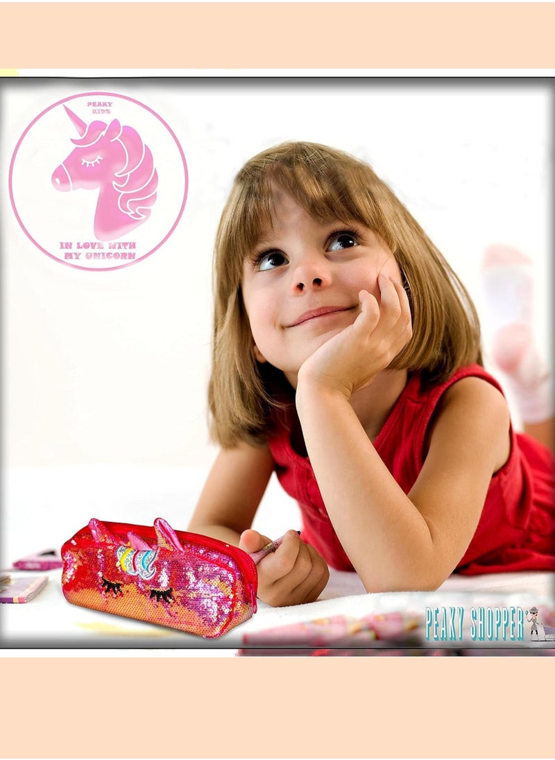 PEAKY KIDS Peaky Kids Unicorn Pencil Case for Girls, Multi Slot Large Capacity Fluffy Pencil Case for Kids with Gel Pens, Eraser, Stickers & Tattoos, Cute Pencil Pouch for Girls & Kids Gift Set - Glamorous Red  - Image 3