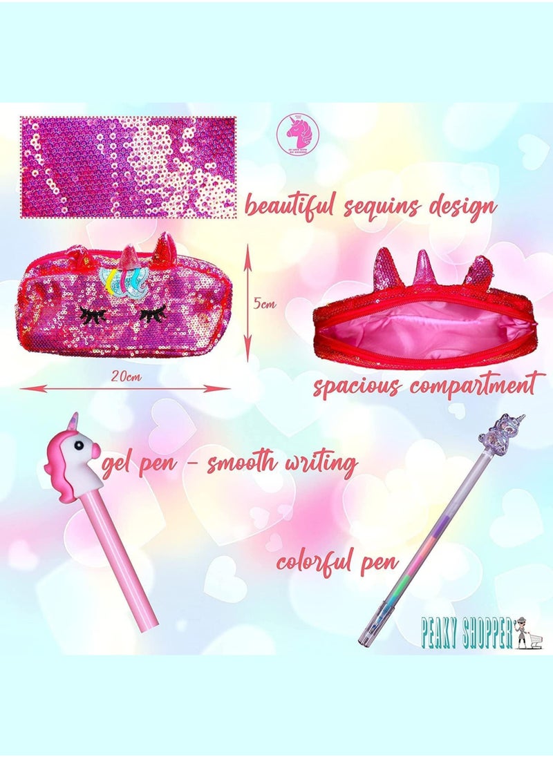 PEAKY KIDS Peaky Kids Unicorn Pencil Case for Girls, Multi Slot Large Capacity Fluffy Pencil Case for Kids with Gel Pens, Eraser, Stickers & Tattoos, Cute Pencil Pouch for Girls & Kids Gift Set - Glamorous Red  - Image 4