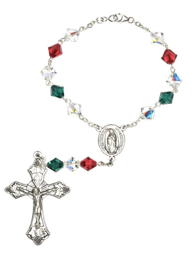 Rosaries Mexican (Green, White & Red) Austrian Crystal One Decade AUTO Rosary - includes Our Lady of Guadalupe Holy Card (Gift idea, Christmas, Confirmation, Communion, Easter, RCIA) (Mexican) - Image 1