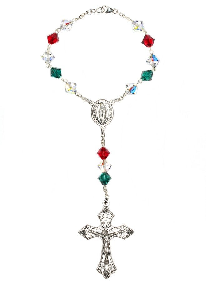 Rosaries Mexican (Green, White & Red) Austrian Crystal One Decade AUTO Rosary - includes Our Lady of Guadalupe Holy Card (Gift idea, Christmas, Confirmation, Communion, Easter, RCIA) (Mexican) - Image 2