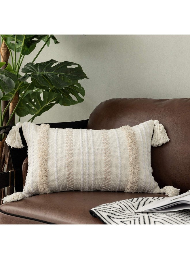 Ojia OJIA Lumbar Decorative Boho Throw Pillow Cover, 12 x 20 Farmhouse Cute Pillowcase Minimalist Neutral Collection Cream White Tufted with Tassels Woven Cushion Cover for Sofa Couch Bedroom Living Room - Image 1