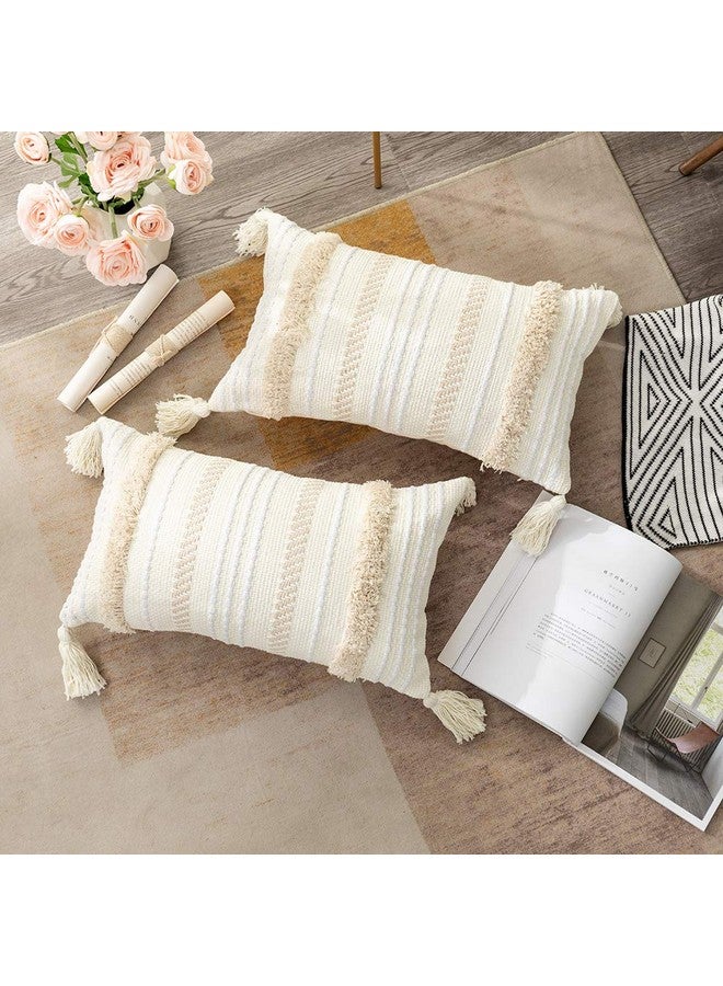 Ojia OJIA Lumbar Decorative Boho Throw Pillow Cover, 12 x 20 Farmhouse Cute Pillowcase Minimalist Neutral Collection Cream White Tufted with Tassels Woven Cushion Cover for Sofa Couch Bedroom Living Room - Image 4