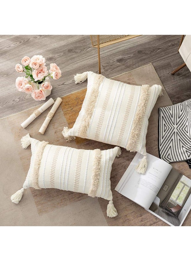 Ojia OJIA Lumbar Decorative Boho Throw Pillow Cover, 12 x 20 Farmhouse Cute Pillowcase Minimalist Neutral Collection Cream White Tufted with Tassels Woven Cushion Cover for Sofa Couch Bedroom Living Room - Image 3