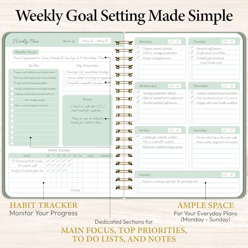 Only Zest Undated Weekly Planner & Notebook for Work, School & Home - Aesthetic Hardcover Spiral Blank Planner with Habit Tracker, Goal Organizer & To Do List - 124 No-Bleed Pages, 6.4×8.5", Green - Image 2