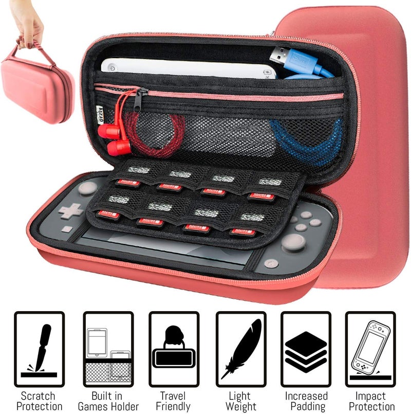 Orzly Accessories Bundle Compatible for use with Nintendo Switch Lite - Protective Case & Screen Protector, USB Cable, Games Holder, Grip Case, Headphones, Thumb-Grip Pack & More (Coral) - Image 4