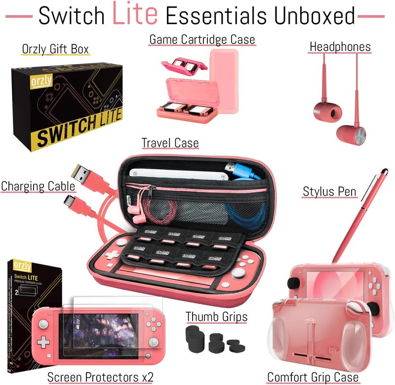 Orzly Accessories Bundle Compatible for use with Nintendo Switch Lite - Protective Case & Screen Protector, USB Cable, Games Holder, Grip Case, Headphones, Thumb-Grip Pack & More (Coral) - Image 3