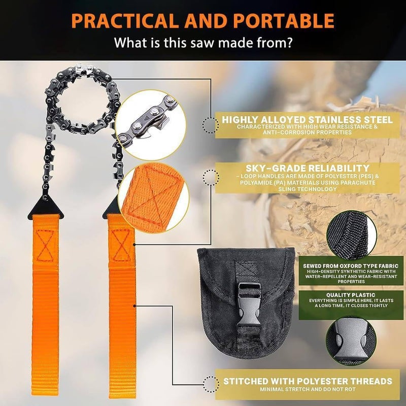 SAKRIMAL SAKRIMAL Outdoor Pocket Chainsaw24 Inch Compact Folding Hand Saw Tool With with Orange StrapsEmergency Outdoor Survival Gear for Camping Hunting Hiking Cutting Wood Tree  - Image 2
