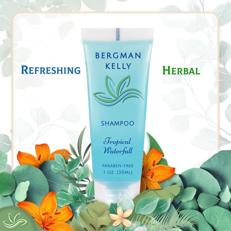 BERGMAN KELLY - Travel Size Hotel Shampoo - 1 fl oz, 100 PK, Tropical Waterfall - Delight Your Guests with Revitalizing & Refreshing Hair Cleanser for Guest Hospitality - Bulk Small Size Shampoo - Image 4