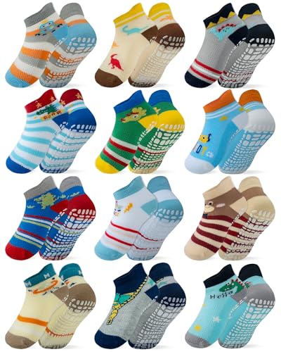 RATIVE Ankle Anti Slip Non Skid Organic Cotton Socks with Grips Grippers for 1 2 Years Old 2T 12 18 Months Toddler Boy Boys Girl Girls (2T-3T, 12-Pairs/Animal world) - Image 1