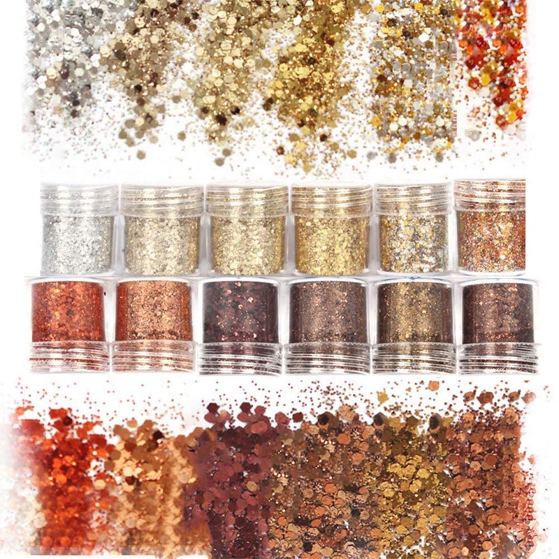 Laza Autumn Nail Glitter, 12 Colors Acrylic Nails Art Glitter Powder Sequin, Retro Copper Iridescent Flake Paillette Sparkle Tip 120g for Gel Polish, Face, Eyes, Body, Hair, Jewelry, Resin -Golden Age - Image 1
