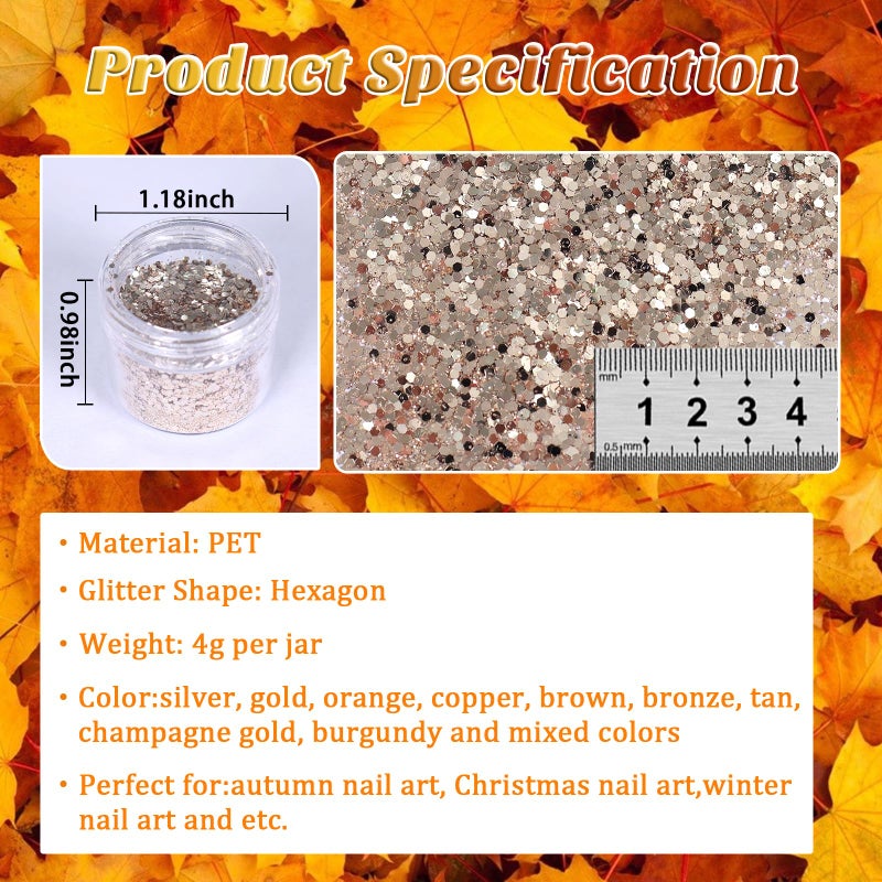 Laza Autumn Nail Glitter, 12 Colors Acrylic Nails Art Glitter Powder Sequin, Retro Copper Iridescent Flake Paillette Sparkle Tip 120g for Gel Polish, Face, Eyes, Body, Hair, Jewelry, Resin -Golden Age - Image 2