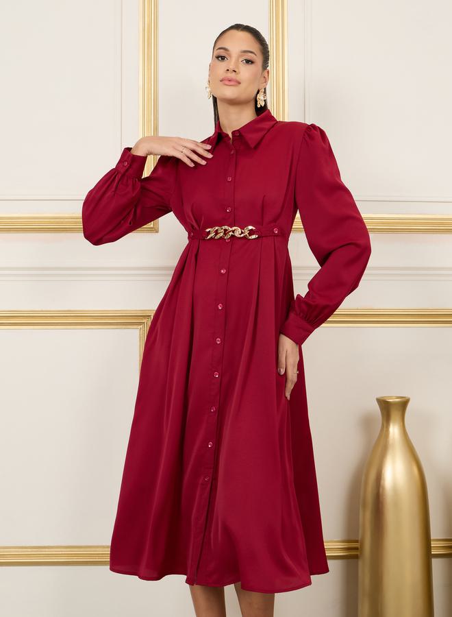 ستايلي فستان عنابي بأزرار - Image 2